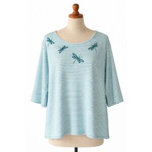 Quacker Factory Dragonfly Top Size 2x Blue White Stripe Rhinestone Jewels Shirt